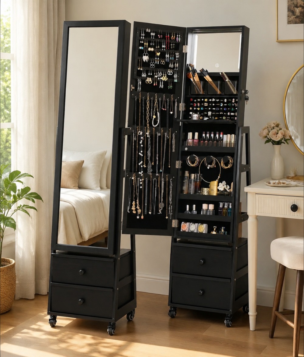 Full Length Mirror Jewelry Armoire - Armoire à bijoux verrouillable sur pied