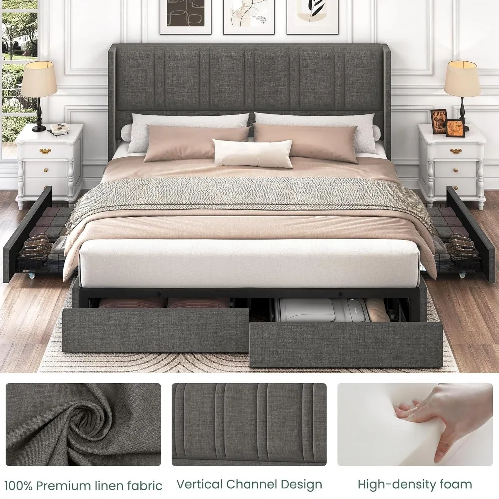 King Size Bed Frame With Storage Drawers - Cadre de lit plateforme rembourré en
